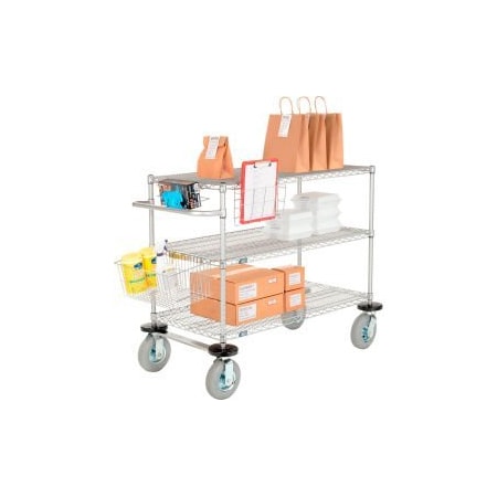 Global Equipment Nexel Curbside Cart, Chrome, 42"L x 21"W x 43"H, 3 Wire Shelves, Pneumatic Casters CS21423CP